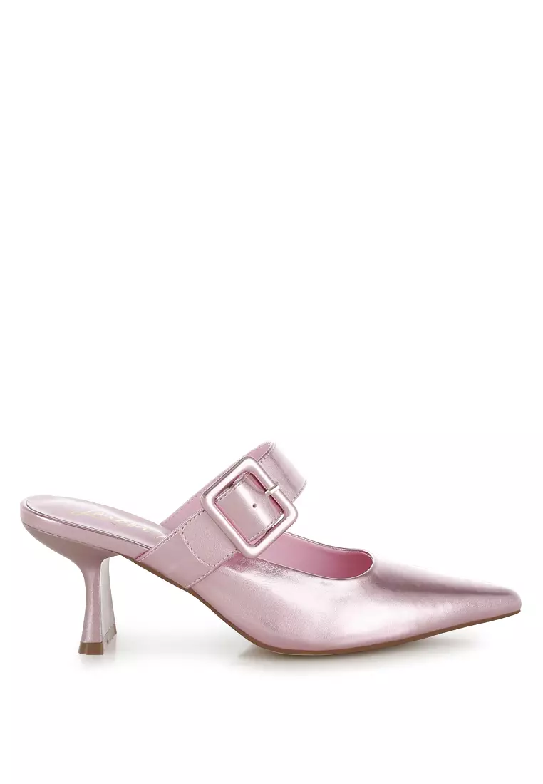 Discount on London Rag  shoes - SKU: Large Buckle Kitten Heel Mules In Pink