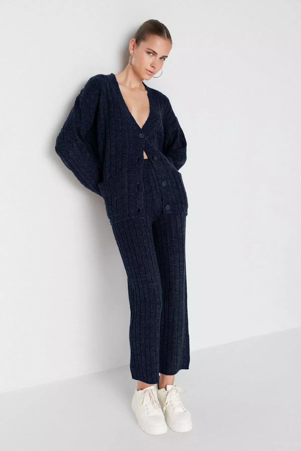 Navy Blue Wide Fit Soft Textured Knitwear Bottom - Top Set Twoaw22Au0128