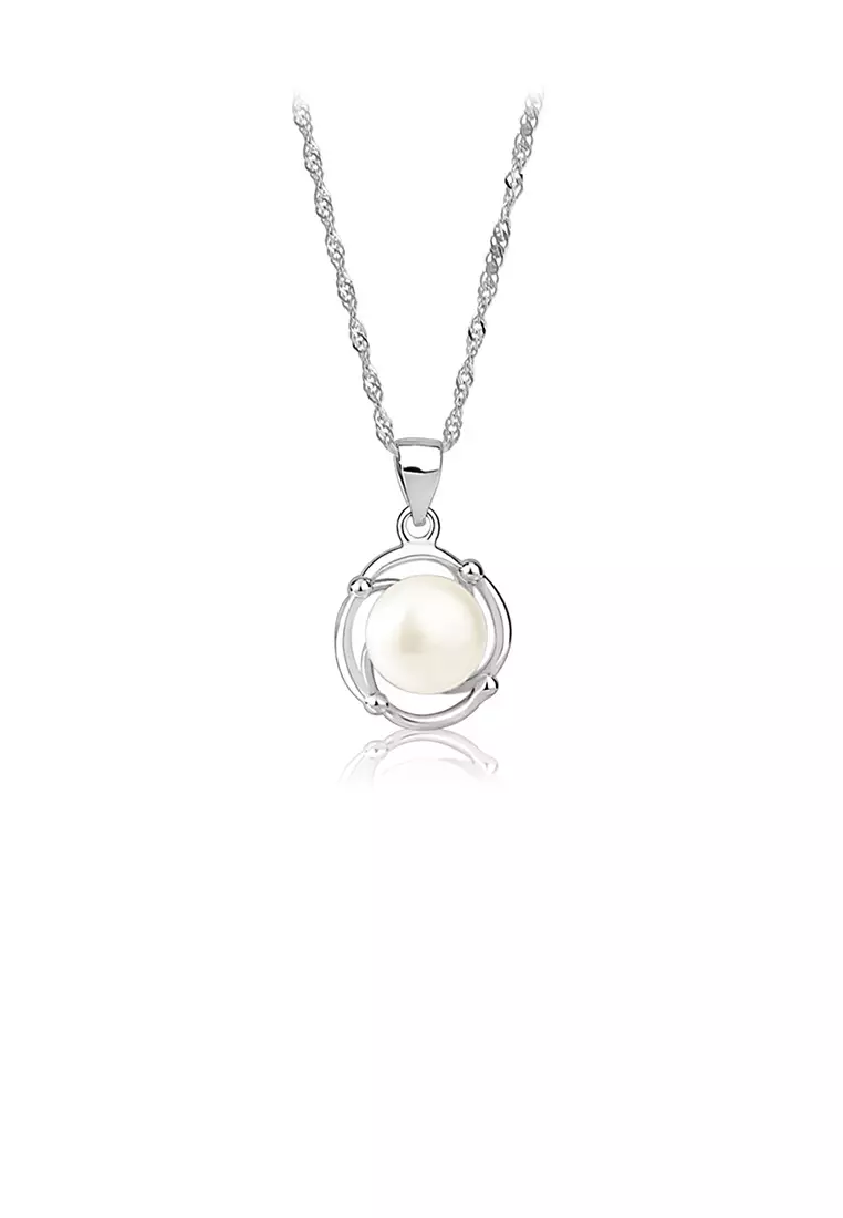925 Sterling Silver Simple and Elegant Geometric Round White Freshwater Pearl Pendant with Necklace