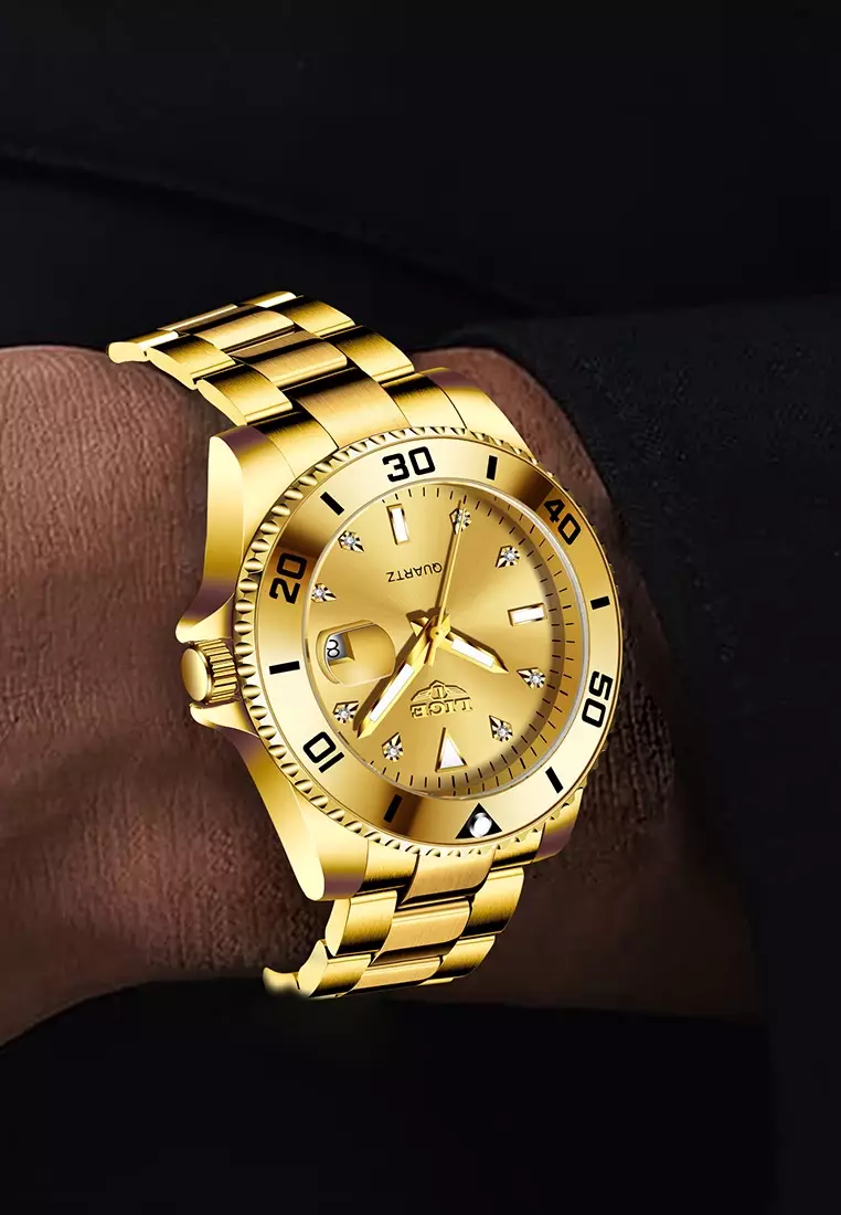 Unisex Classic Diver's IP Gold Stainless Steel Quartz Watch, IP Gold Stainless Steel Bracelet