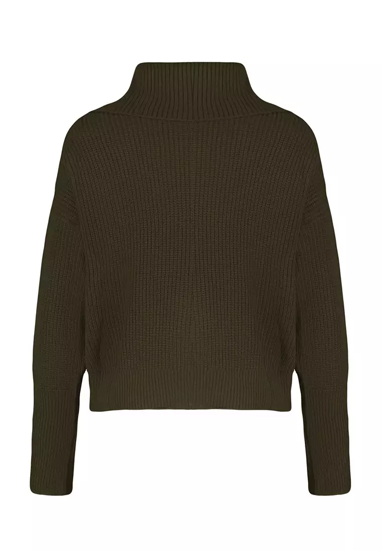 Turn Down Collar Zippered Khaki Knitwear Cardigan Wide Fit