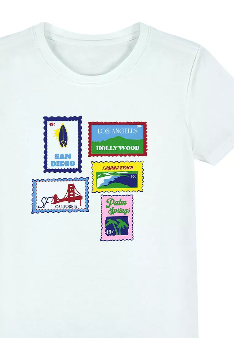 Ladies White Graphic T-shirt "Post Stamps"