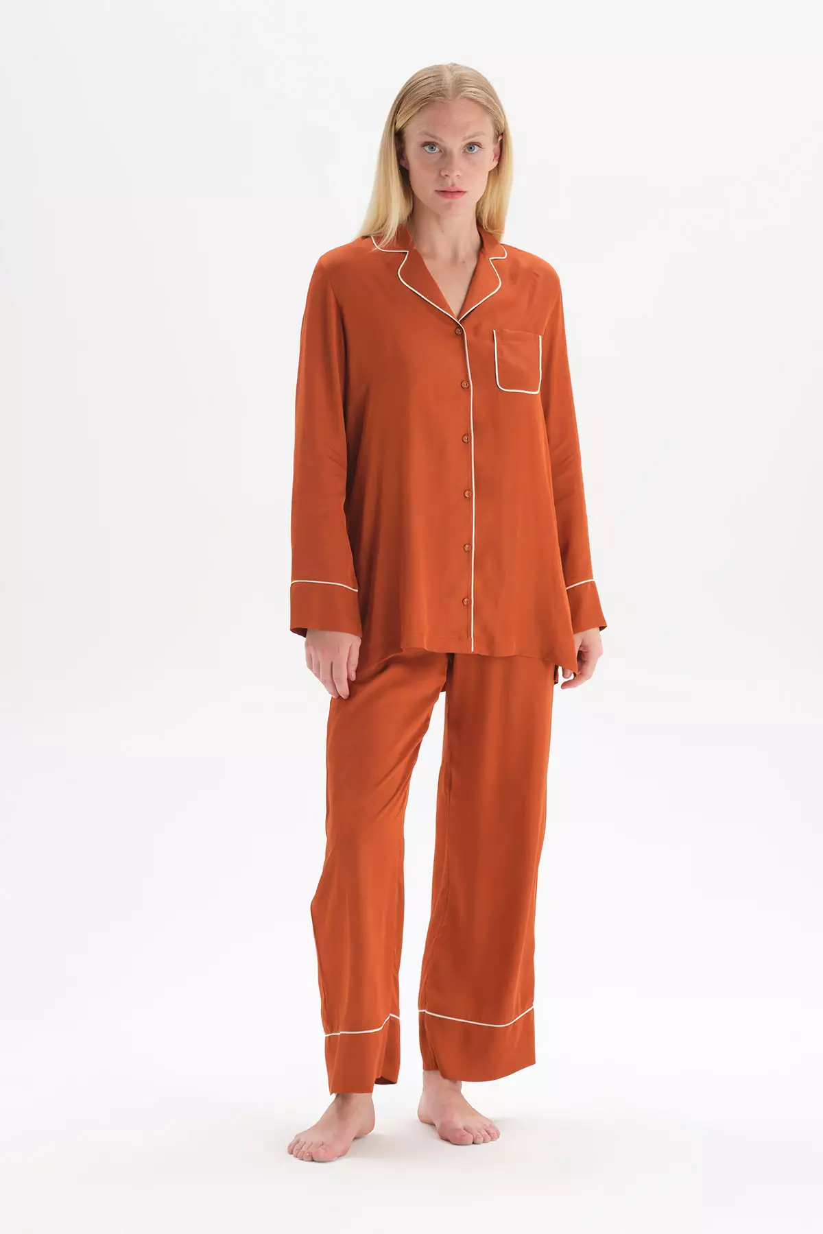 Buy DAGİ Terracotta Pyjama Set, Lapel Collar, Regular Fit, Long Sleeve  Homewear And Sleepwear for Women Online