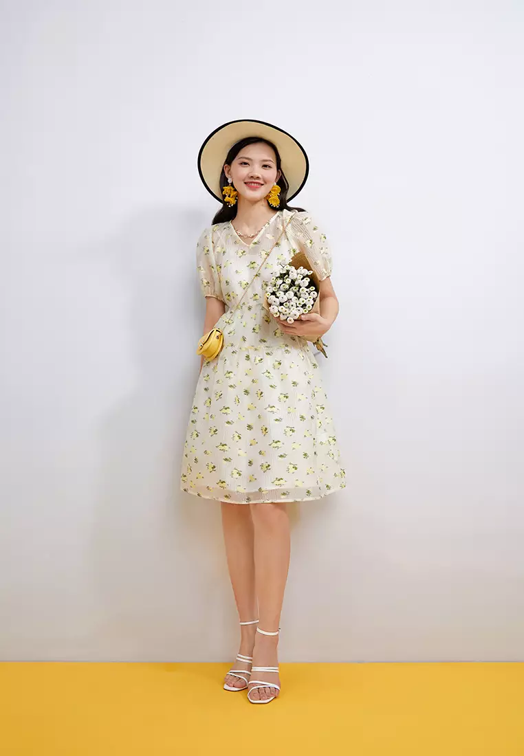 V-Neck Floral Chiffon Midi Dress