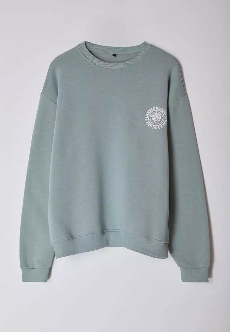 Mint Oversize/Wide Cut Floral Embroidered Fleece Lined Cotton Sweatshirt Tmnaw24Sw00012