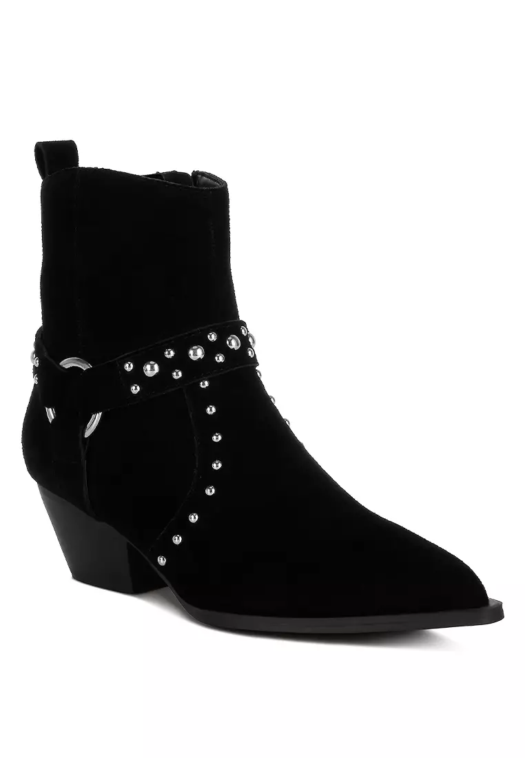 Studded Suede Ankle Boots in Black