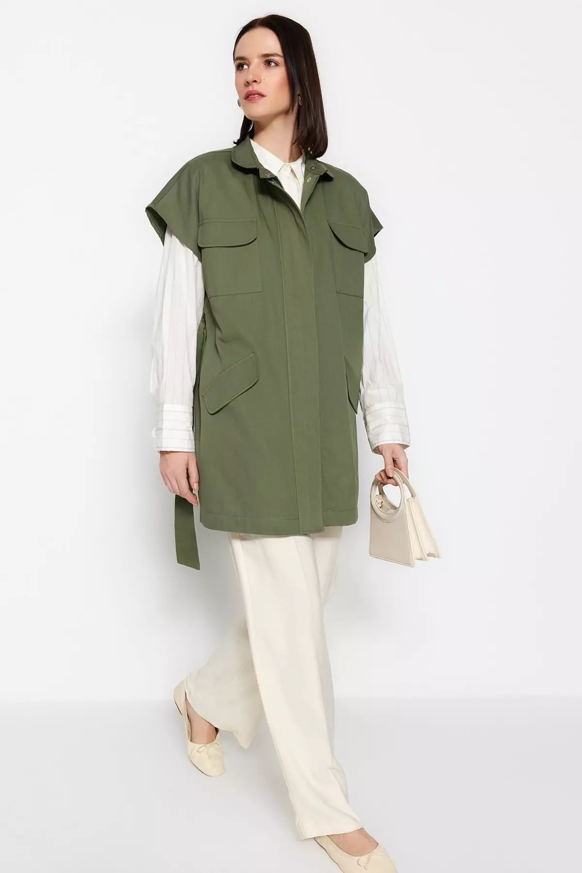 Waist Tie Wide Shoulders Woven Vest