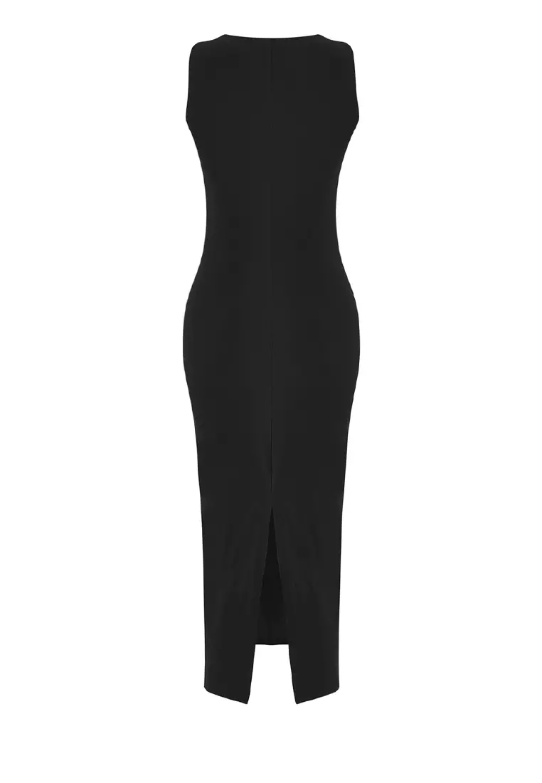 Black Accessory Cut Out/Window Detailed Fitted Stretch Maxi Knit Dress TWOSS25EL00687
