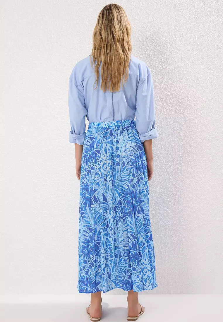 Blue Floral Patterned Pleated Elastic Waist Woven Skirt Tctss23Ee00018
