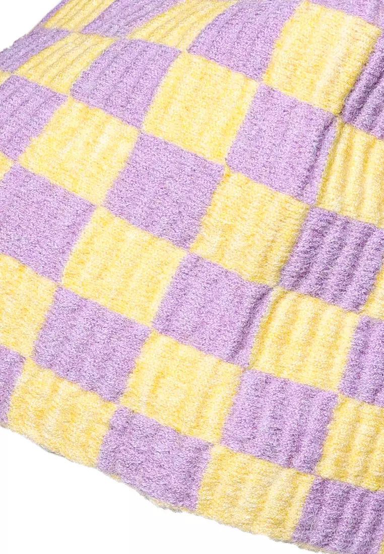 Checkered Knit Beanie In Purple & Yellow