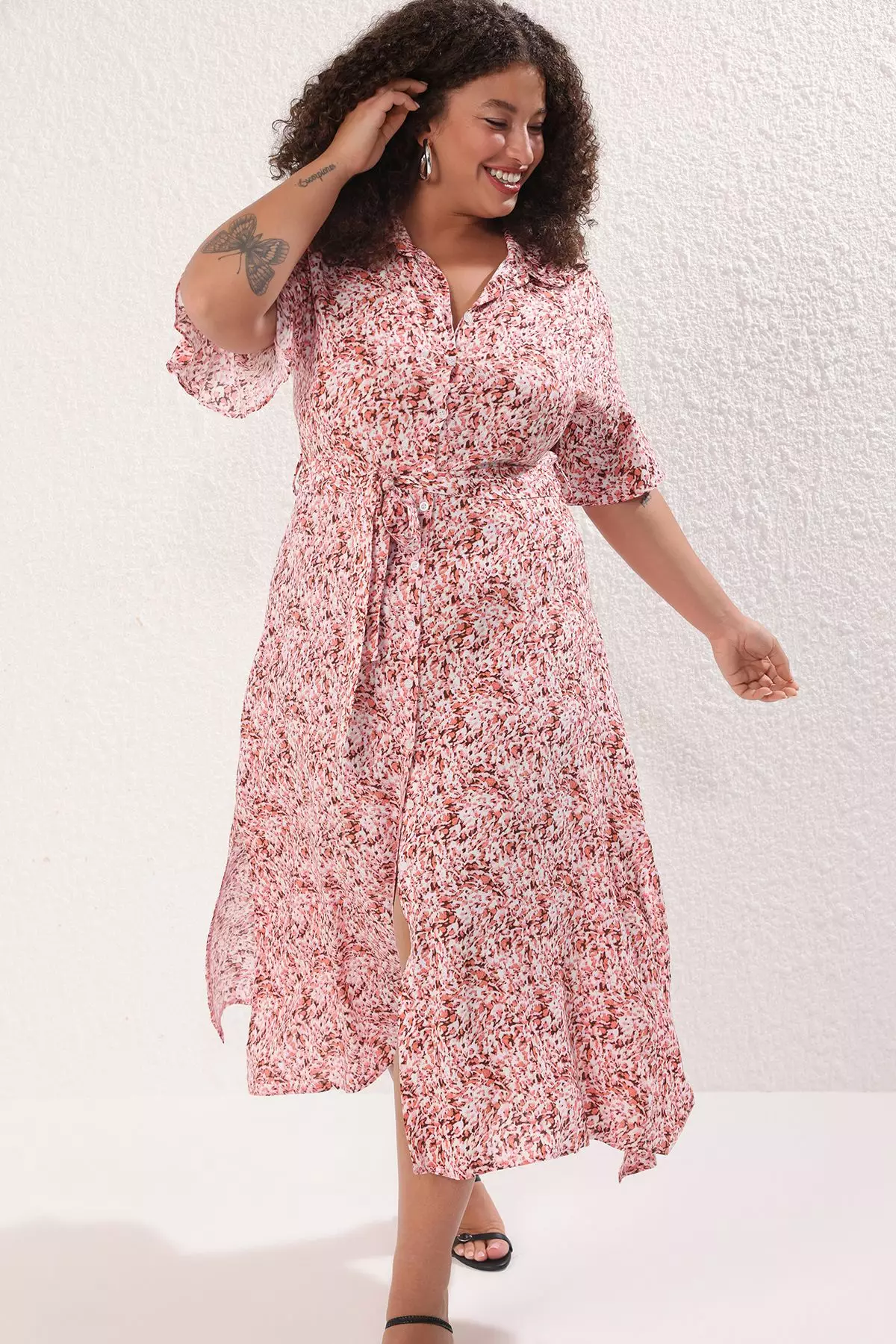Pink Abstract Patterned Woven Slit Shirt Dress TBBSS22EL1596