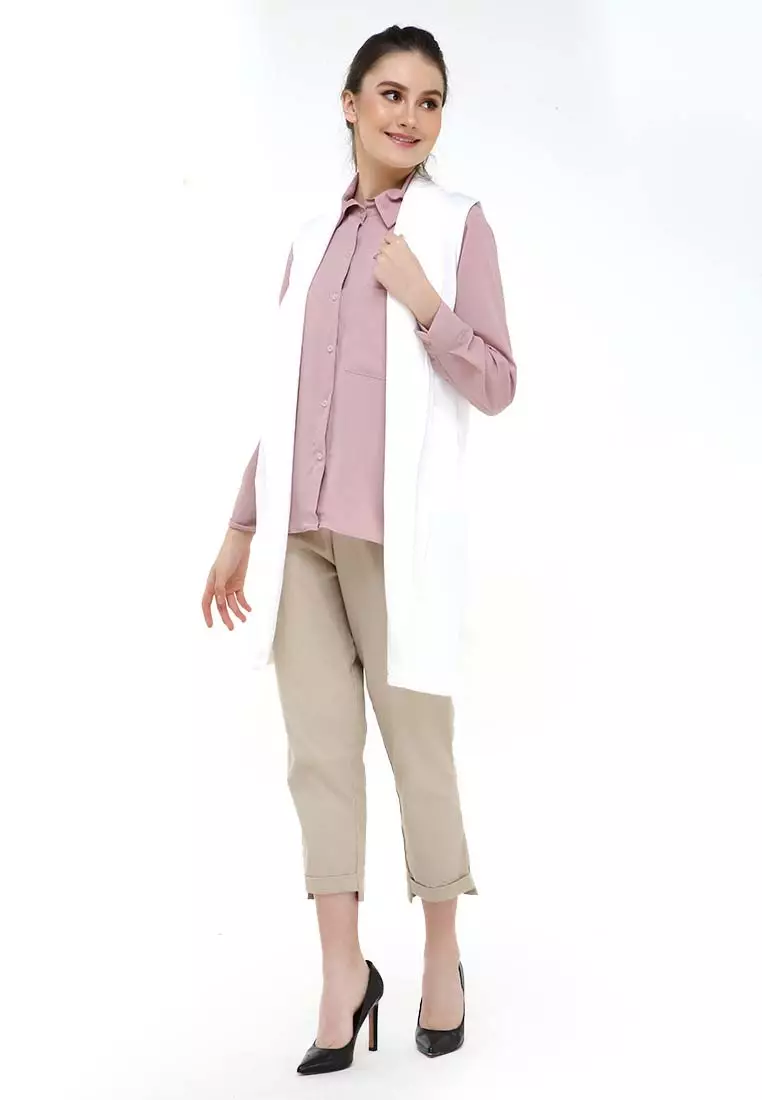 Qemsya Blazer Wanita Sleeveless Simple Casual Plain Outer Material Scuba ORIGINAL - White