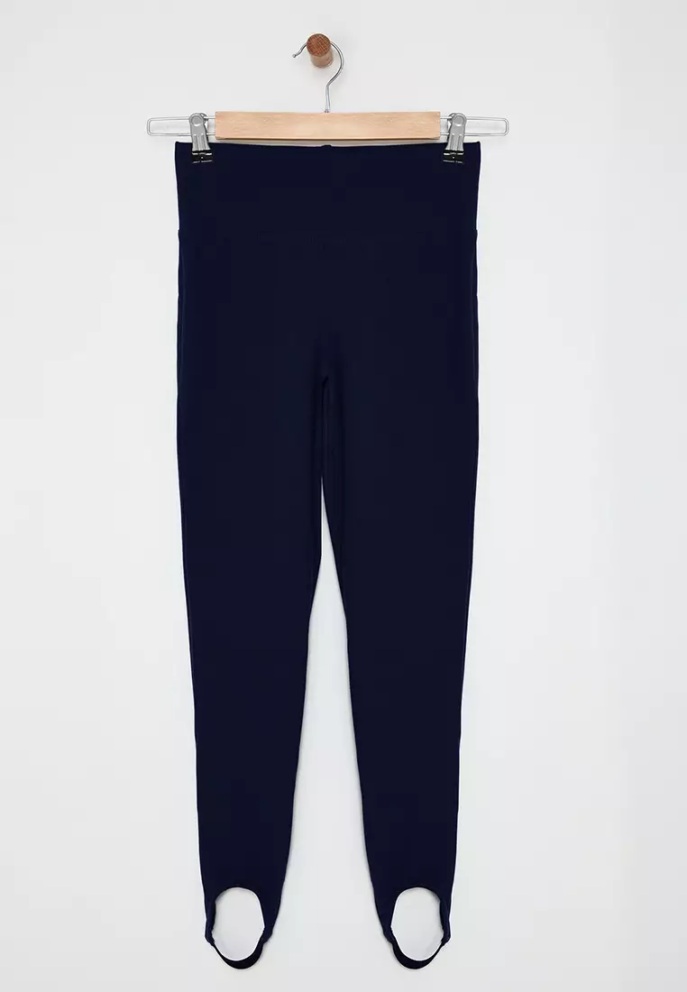 Navy Blue Brushed Soft Fabric Füzo Full Length Yoga Knitted Sports Leggings THMAW25TY00009