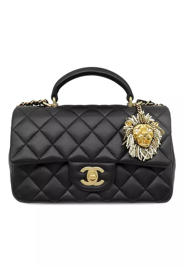Pre-Loved Chanel Mini Rectangular Classic Lambskin Lion Charm Top Handle Flap
