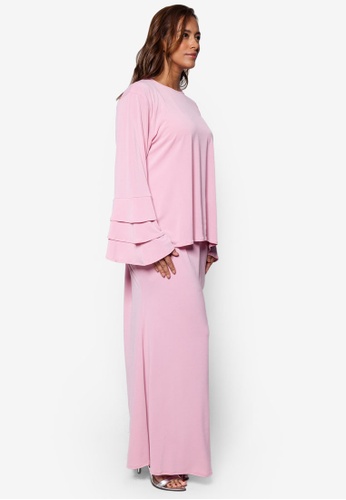 Buy Plus Size Kurung Triple Flare Top & Skirt from Kasih in Pink at Zalora