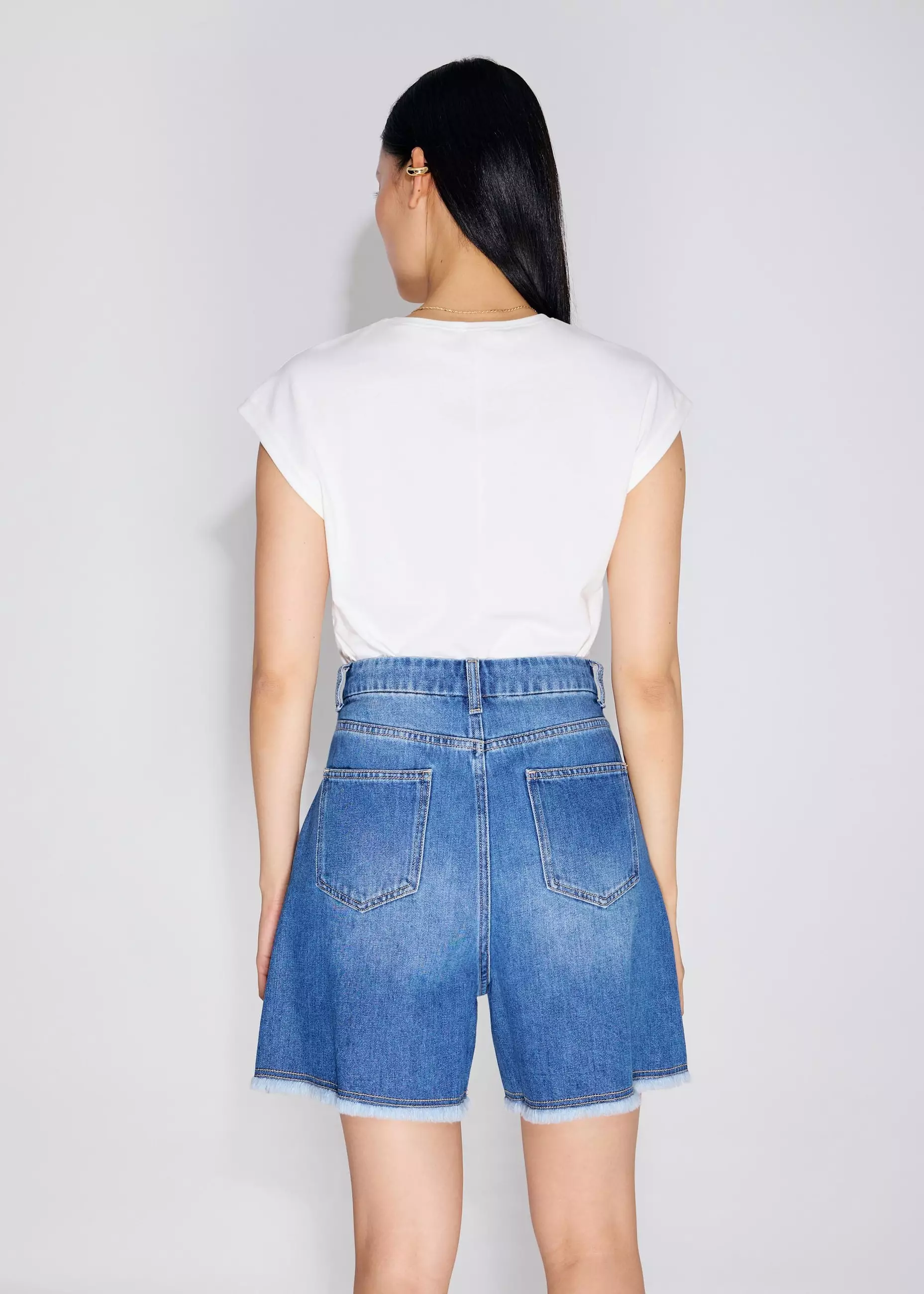 Celana Pendek Wanita - Denim Frayed Hem High Waist Bermuda Shorts