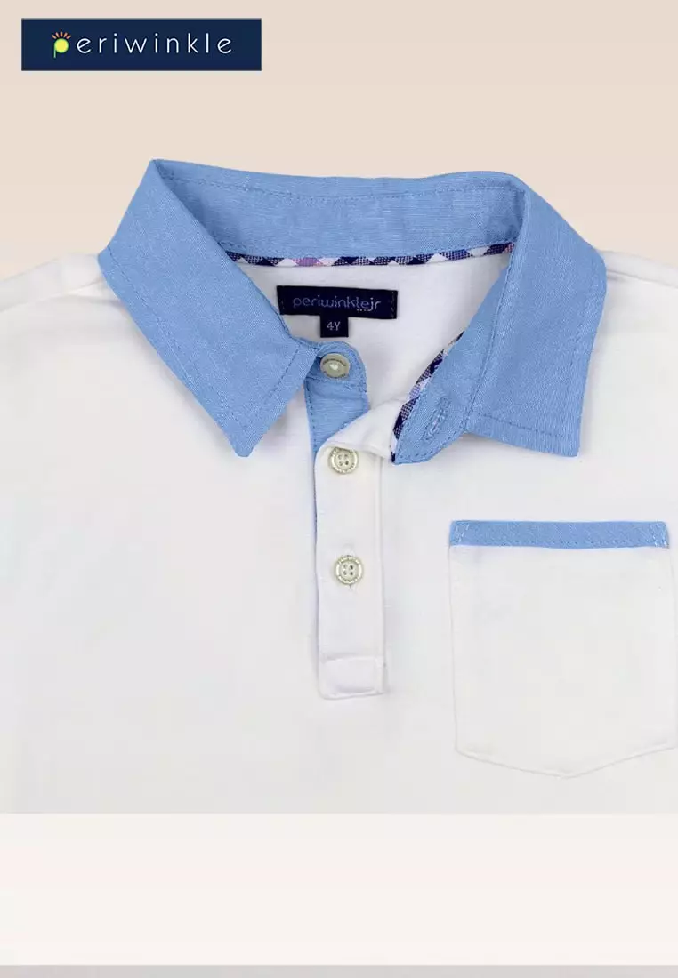 Caleb Boys Polo Shirt With Chambray Mix Fabric And Blue Checks Shorts