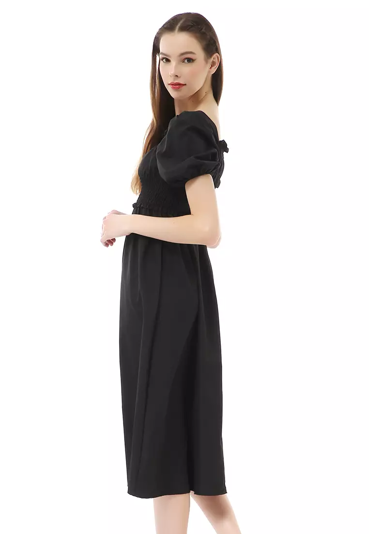 Rachel Dress Retro Wanita Full Karet Short Sleeve Material Cotton ORIGINAL - Black