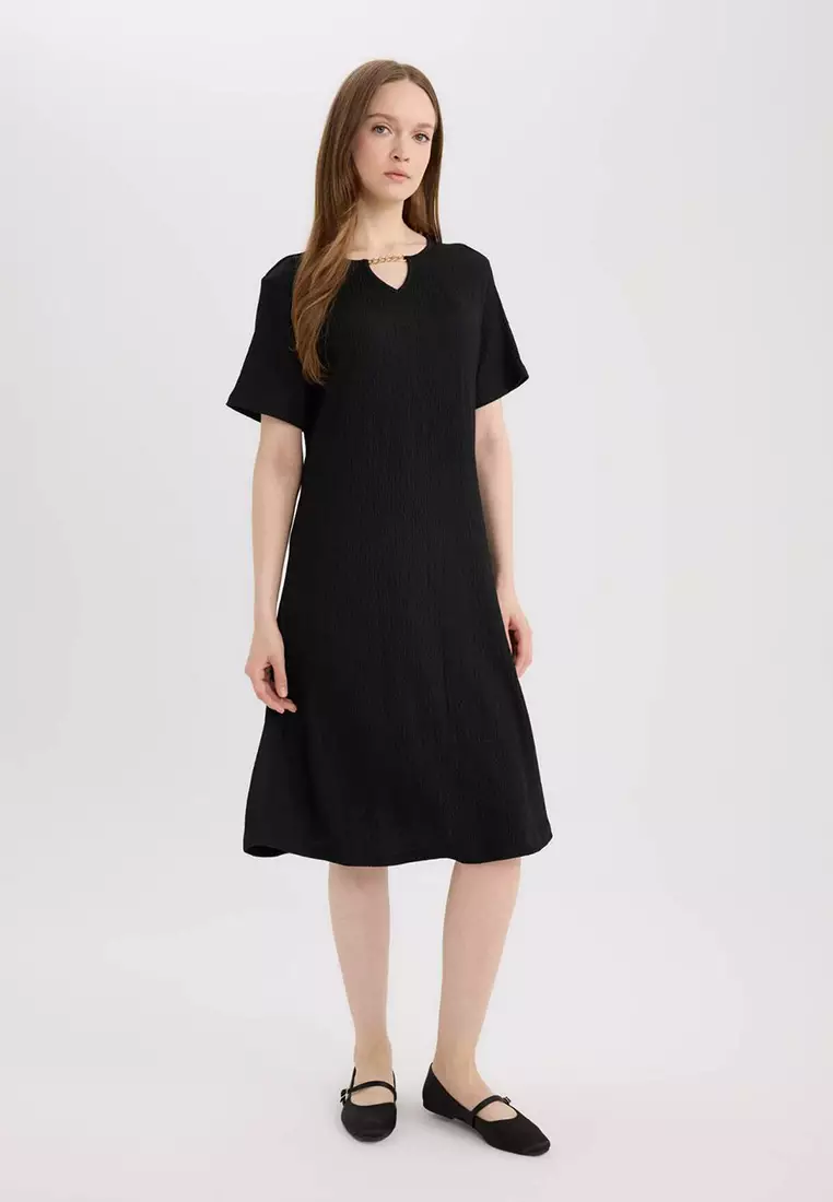 Regular Fit Basic Plain Wrap Short Sleeve Midi Summer Dress D3834Ax25Sm