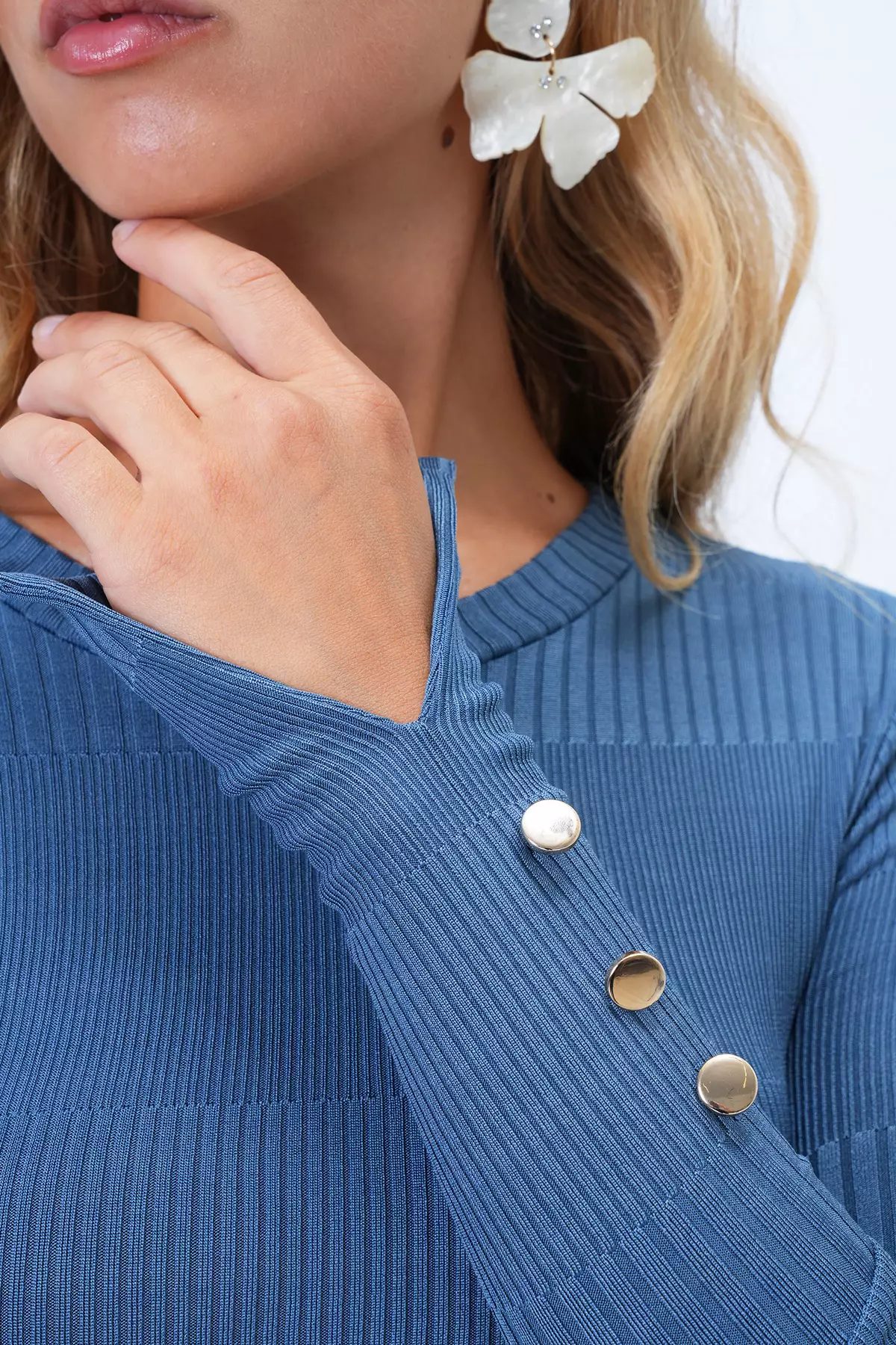 Women's Indigo Crew Neck Self-Patterned Button Detailed Basic Mercerized Blouse Alc-X14417