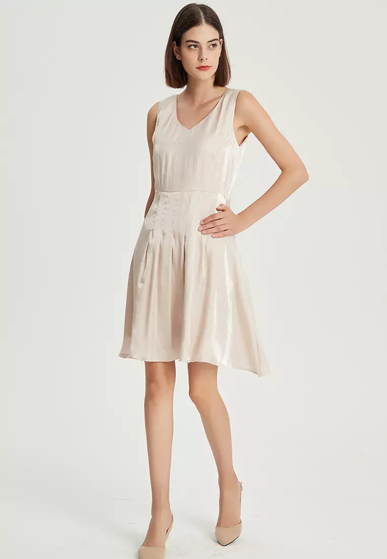 V-neck color-changing glazed satin one piece dress B22041204BE