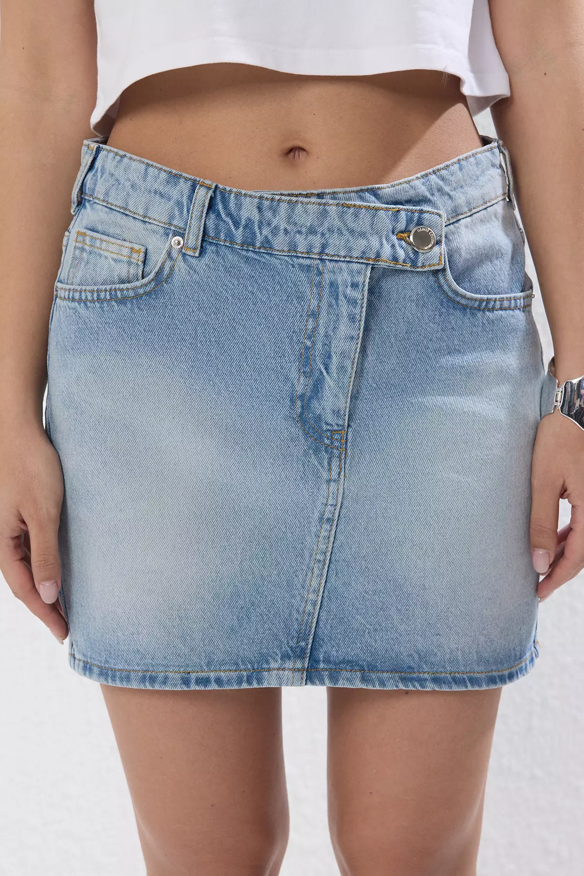 Blue More Sustainable Double Breasted Waist Detail High Waist Mini Denim Skirt TWOSS25ET00133