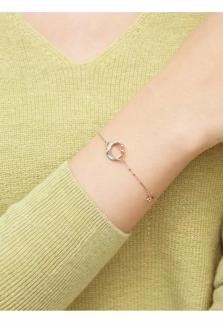 Delicate Gold 18K Rose Solid Gold Mother of Pearl Moon Stars Bracelet for Women 93317B