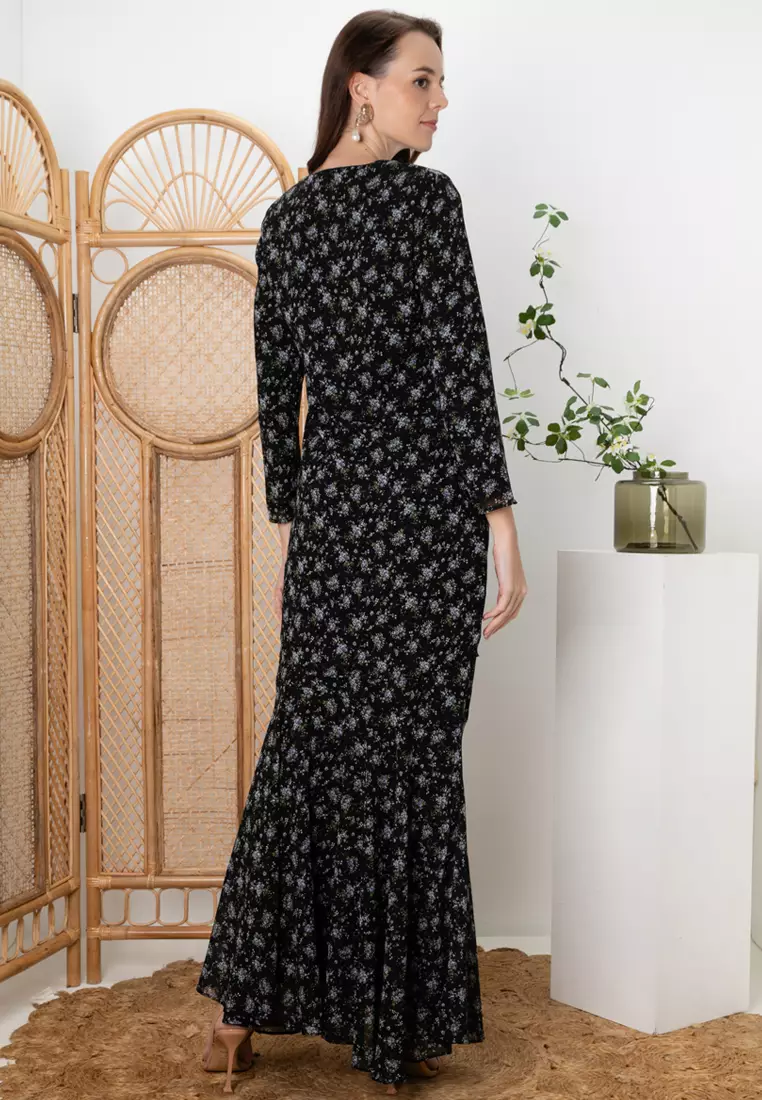 ARIEL Fabulous Black Floral Baju Kurung Moden Princess Kain Kembang Payung