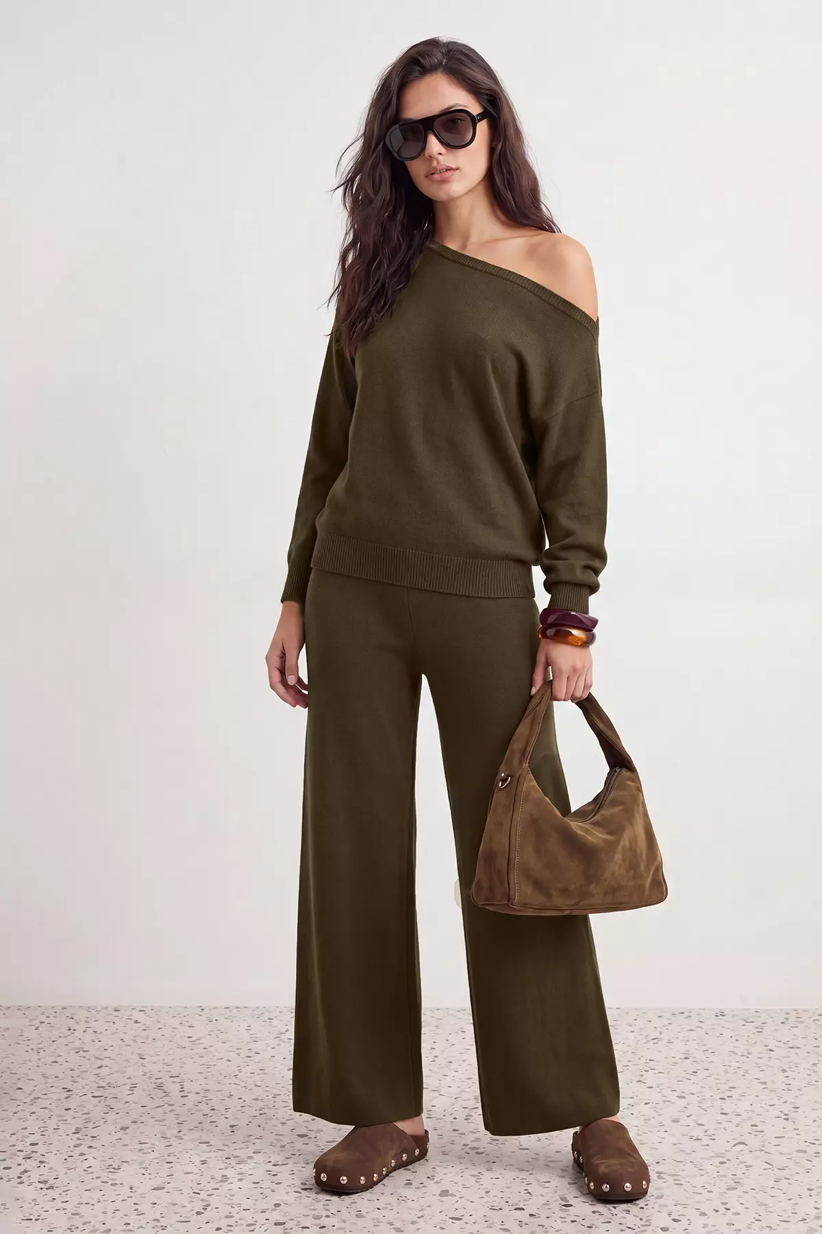 Khaki Boat Neck Sweater-Pants Knitwear Bottom - Top Set Twoaw26Au00043