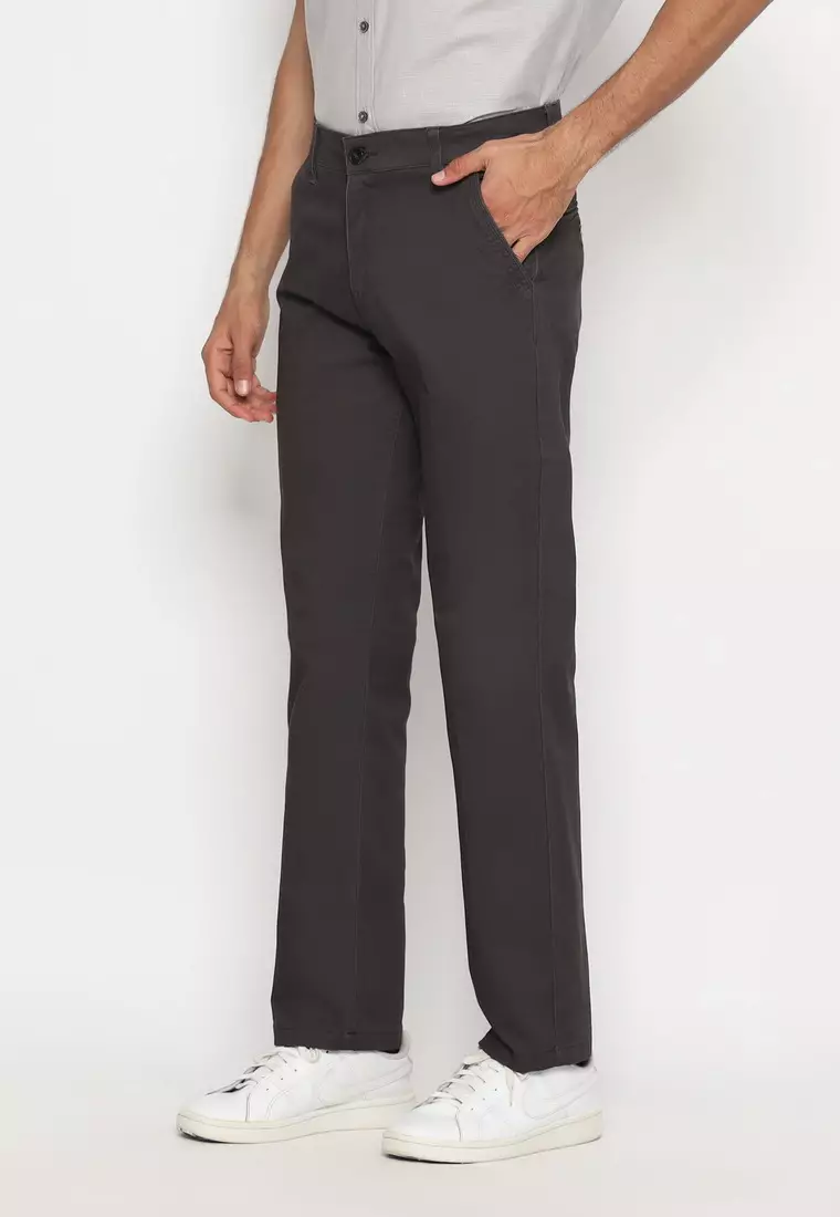 POLICE Celana Chino Panjang Dark Grey Cotton Premium Stretch Regular Fit Pria