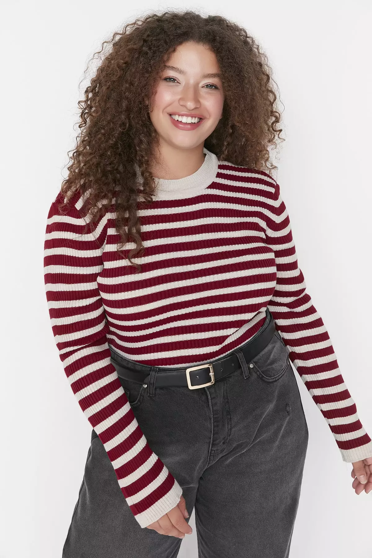 Plus Size Striped Crew Neck Knitwear Sweater