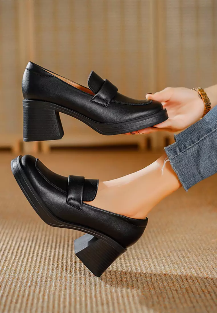 6.5CM Block Heel Leather Loafers TE812-1