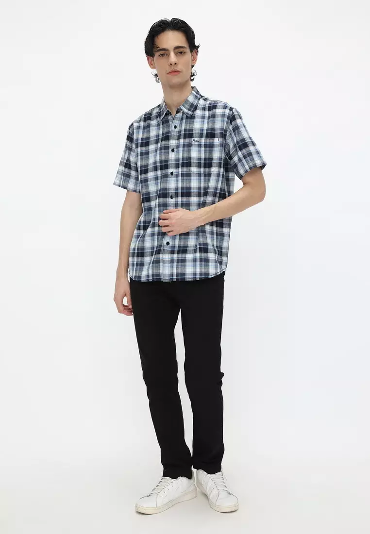 POLICE Kemeja Kotak Cotton Twill Slub Biru Putih Regular Fit Pria