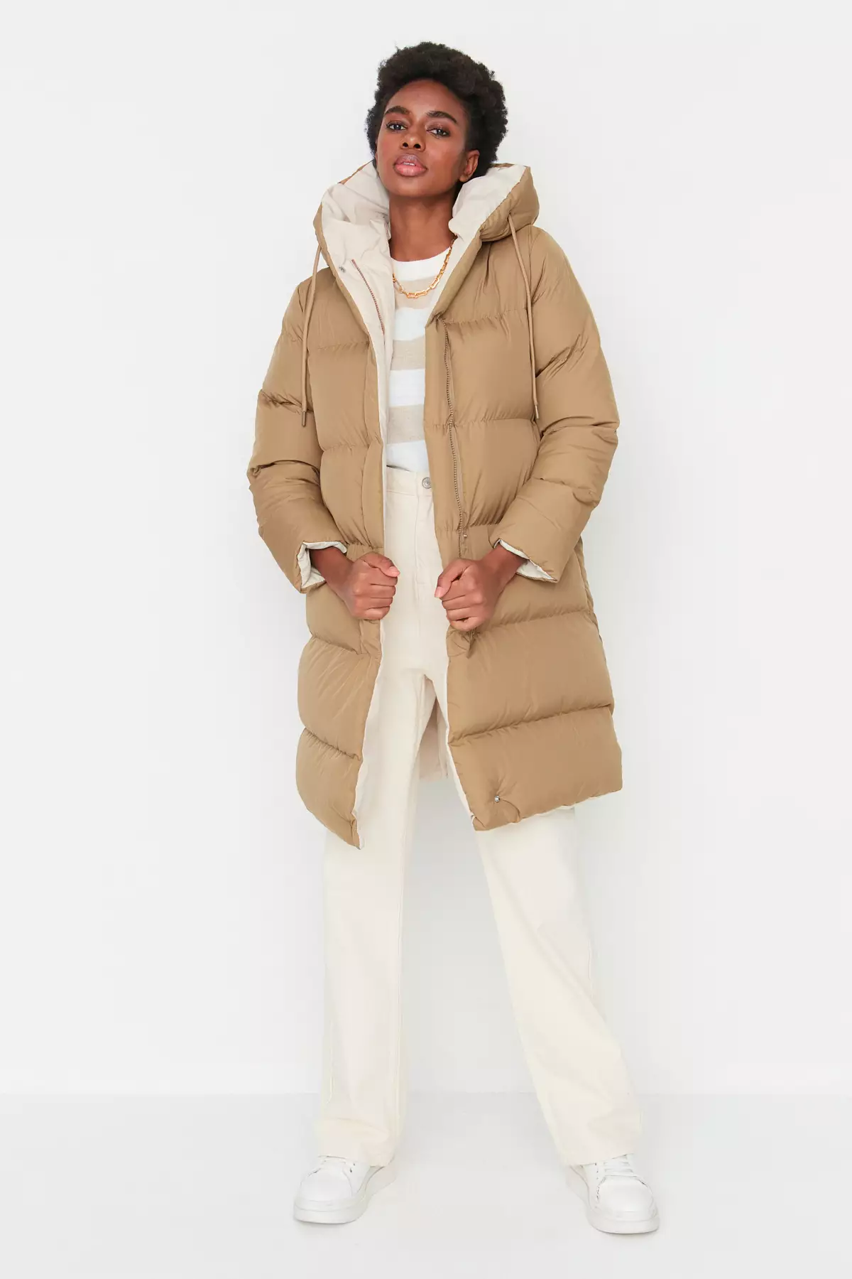 Brown-Ecru Double Sided Hooded Water Repellent Long Puffer Jacket TWOAW23MO00052