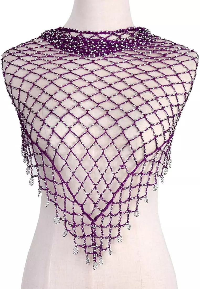 Aksesoris Wanita Beaded Triangle Scarf Segitiga Syal Wanita Purple & Silver