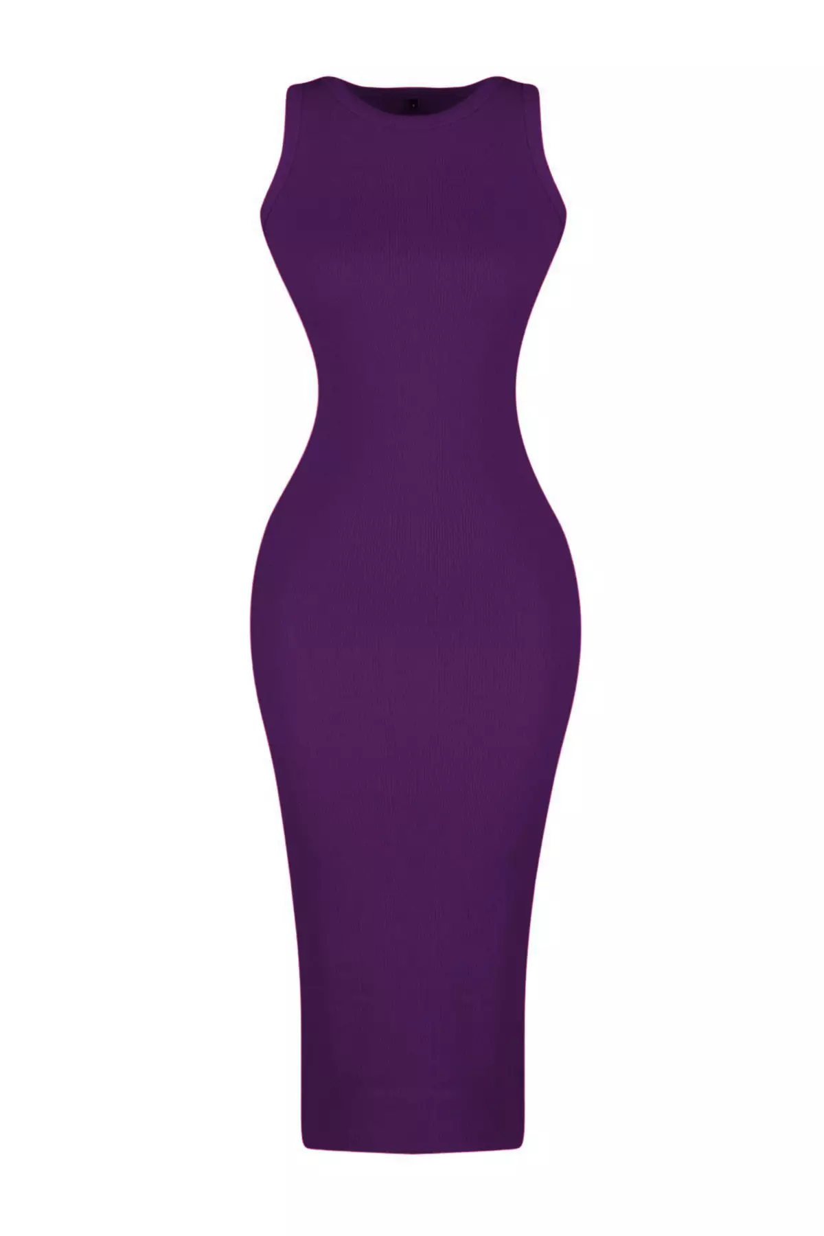 Purple Ribbed Bodycone/Body Sitting Crew Neck Stretchy Midi Knitted Pencil Dress Twoss22El1575