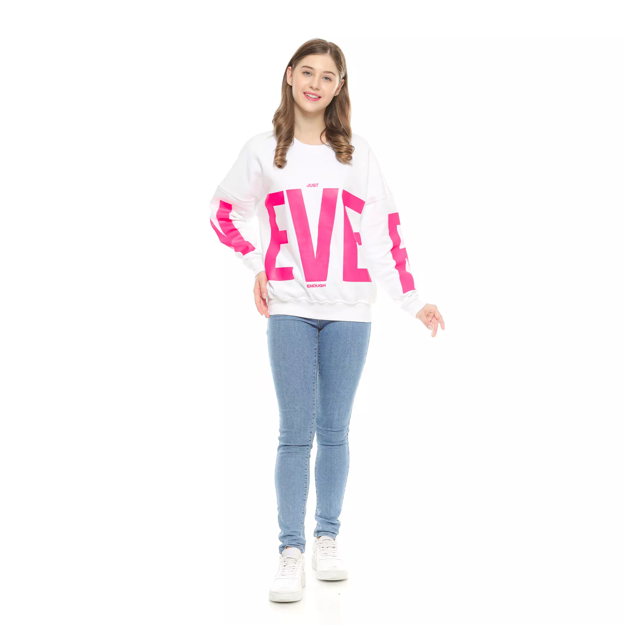 Enough For Today Sweater Oversize Oblong Wanita Big Size Jumbo Crewneck Putih Boxy Never Fuschia