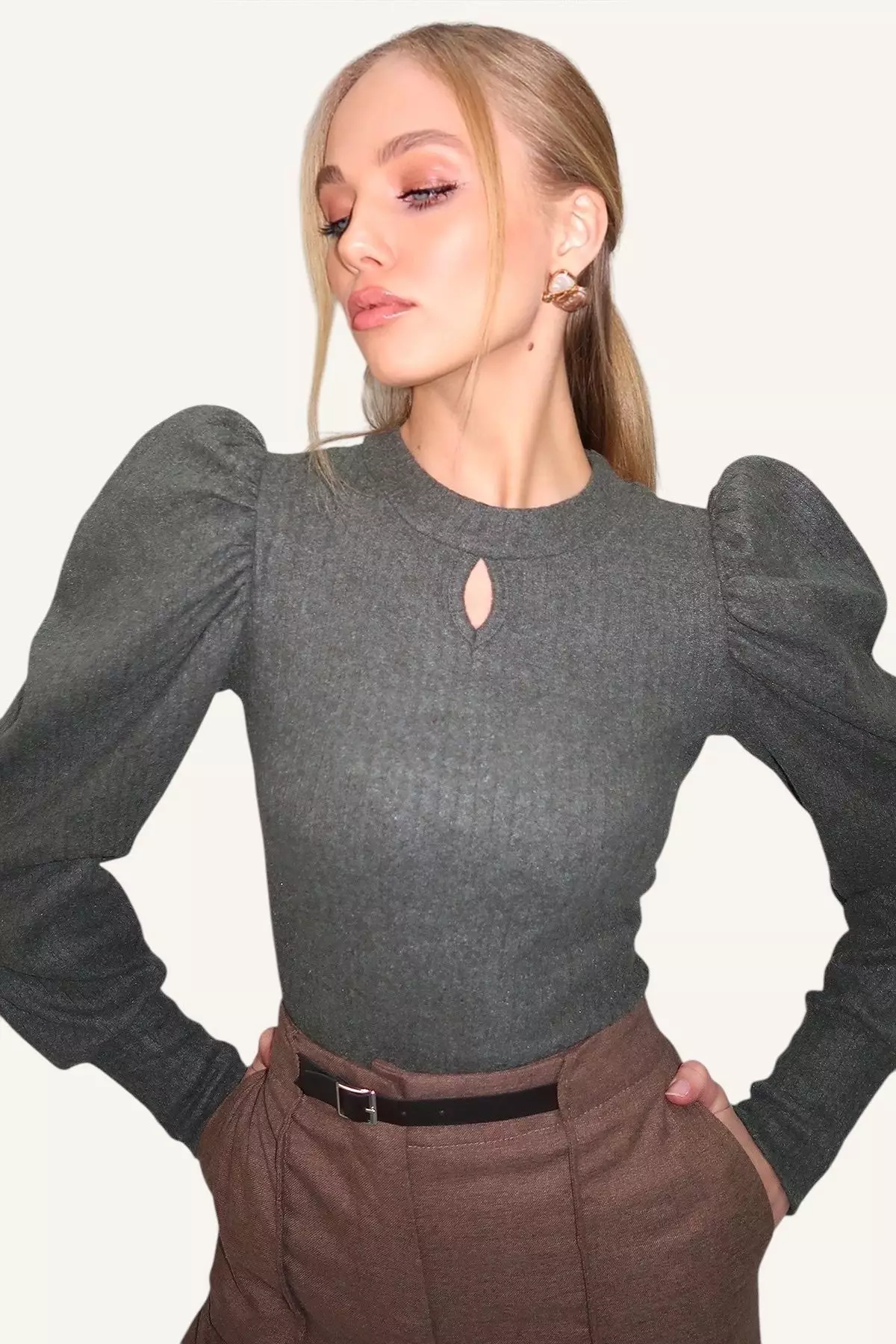 Women's Khaki Crew Neck Drop Neck Princess Sleeve Knitwear Blouse