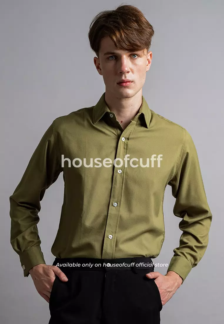 Houseofcuff Kemeja Kerja Formal Pria Model French Cuff / Double Cuff Dengan Cufflinks Warna Hijau Olive (Incl.Collar Stay + Cufflinks )