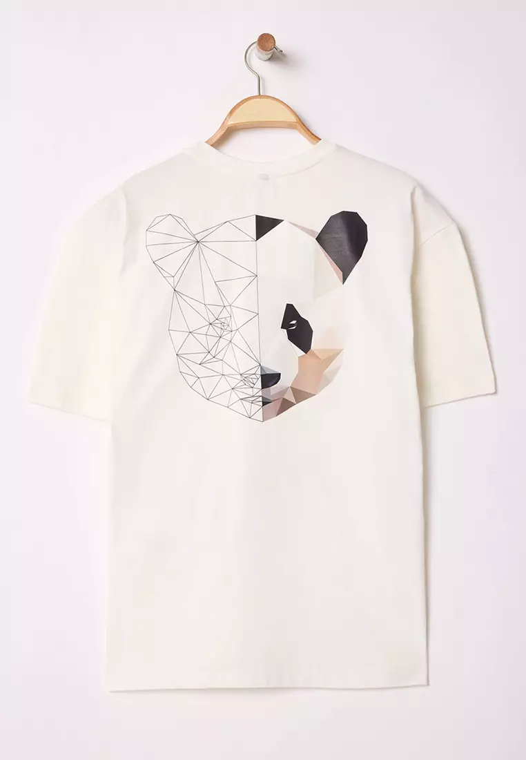 Ecru Oversize/Wide Cut Animal Printed Back 100% Cotton T-Shirt TMNSS25TS00117