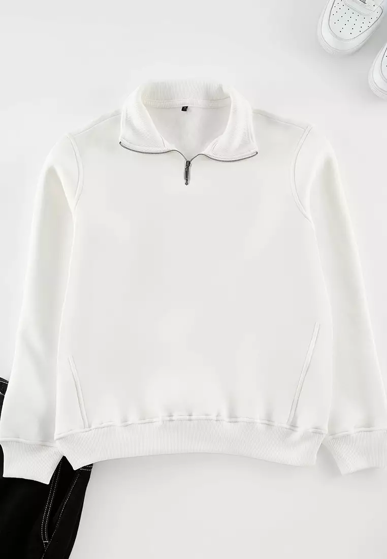 Ecru Regular/Normal Cut Stand Collar Zippered Inside Polar Fleece/Warm Basic Sweatshirt TMNAW24SW00041