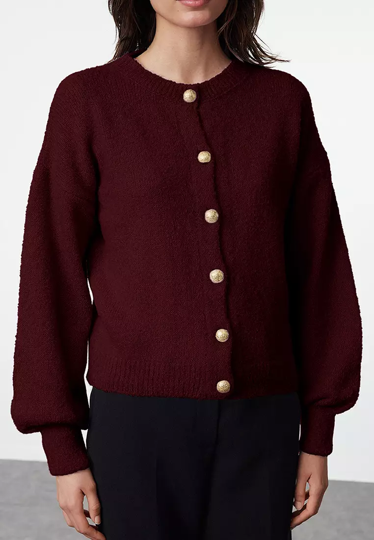 Burgundy Button Detailed Soft Textured Knitwear Cardigan