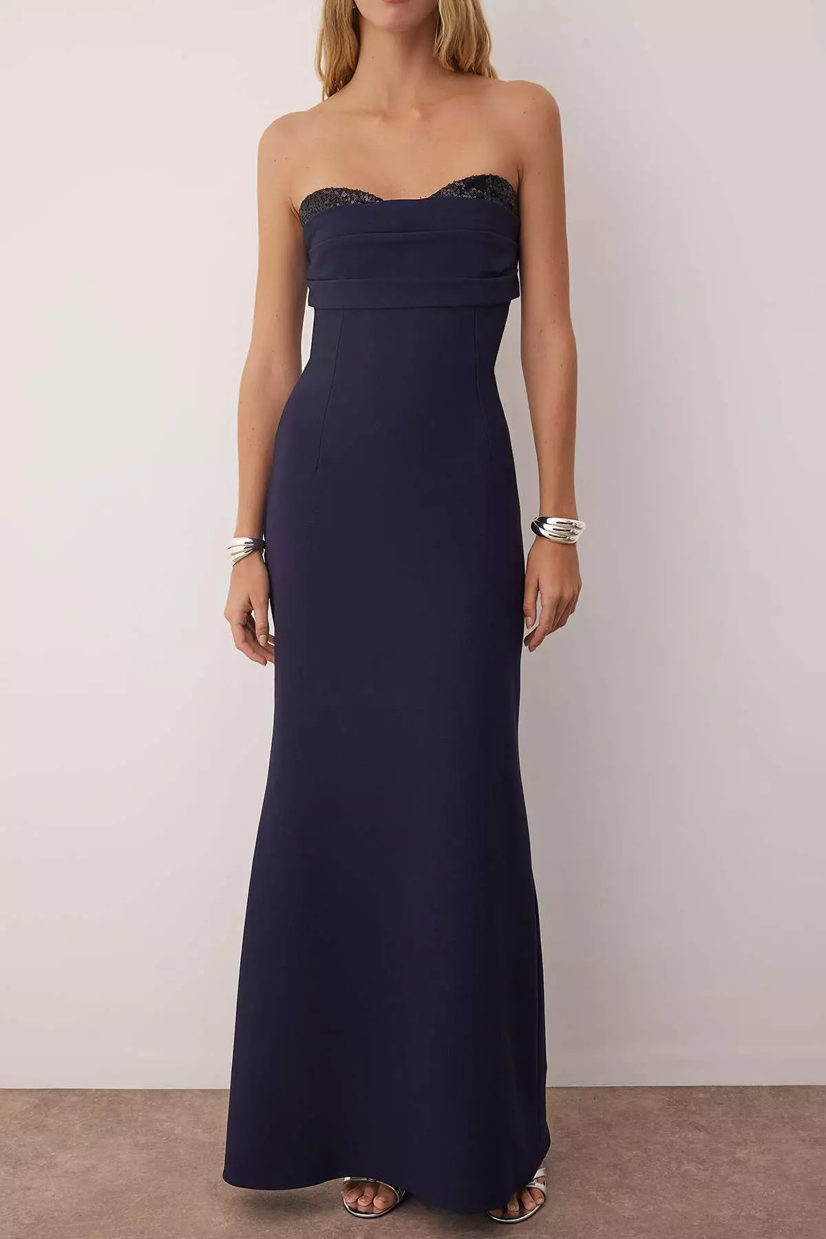 Navy Blue Plain Woven Finike Maxi Evening & Graduation Dress Tpraw26Ae00000