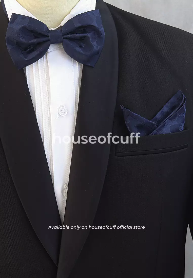 Houseofcuff dasi kupu pria bowtie pocket square jacquard navy motif