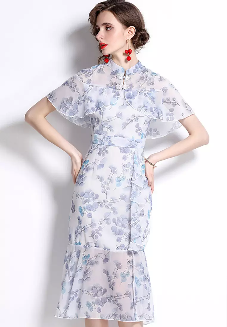 Chinese Cheongsam Style Exquisite Flower Lotus Collar One-piece Dress A22102506