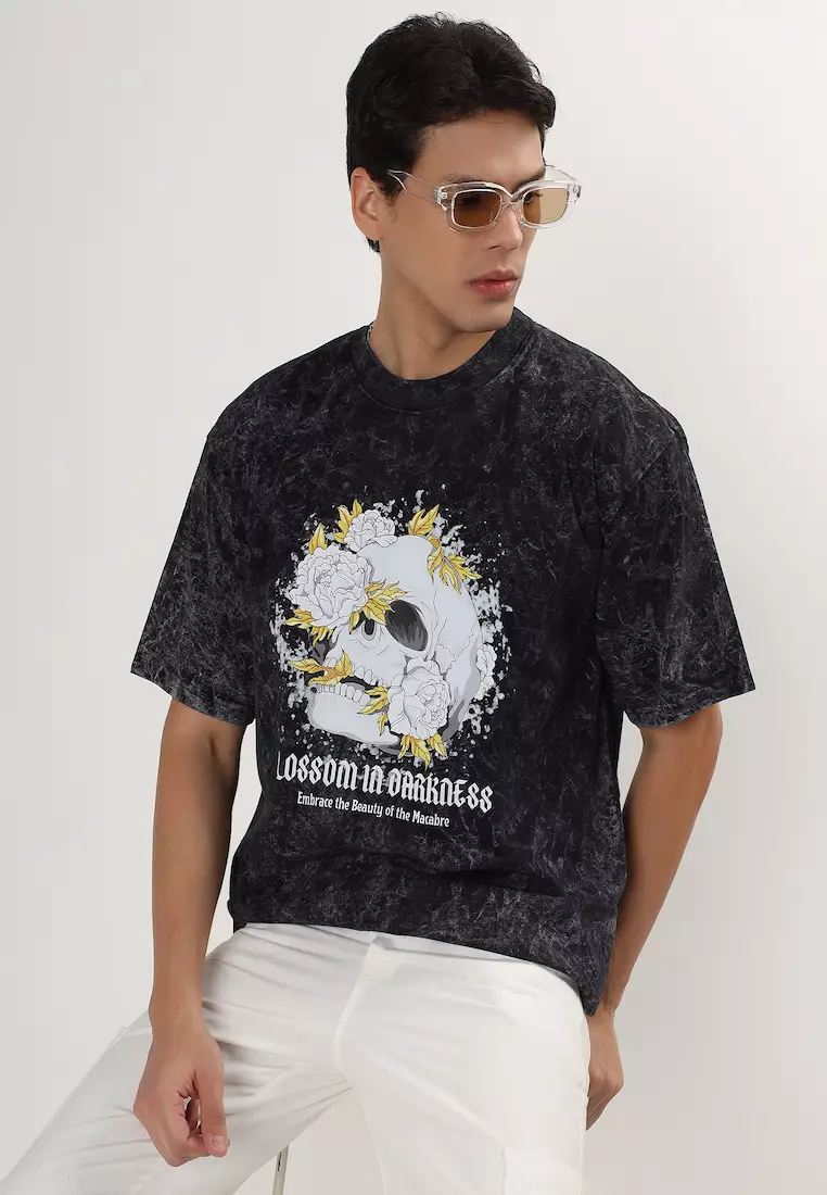 暗夜之花 黑色图案宽松短袖棉质T恤/T恤，男女通用运动服
