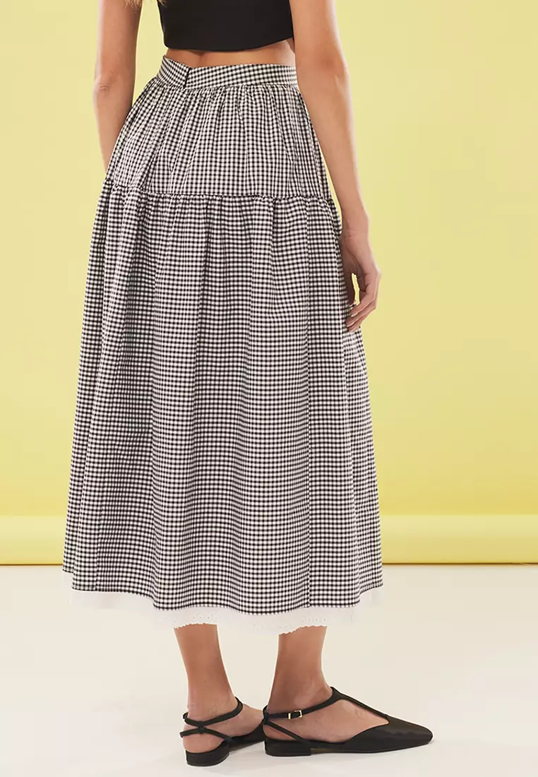 Gingham Pattern Lace Detailed A-line Midi Skirt
