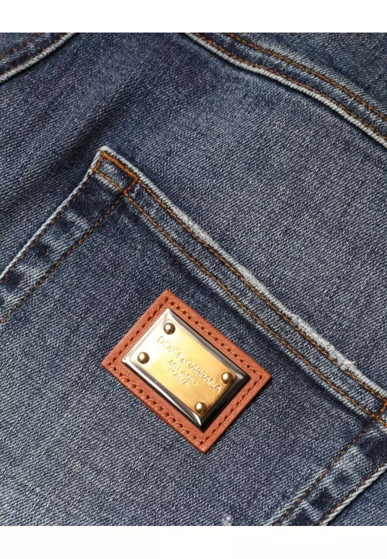 Dolce & Gabbana Blue Tattered Skinny Cotton Denim Jeans