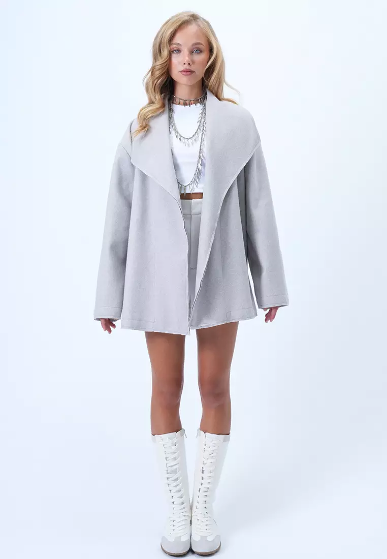 Women's Gray Jacket Collar Stitch Detailed Cashmere Coat Alc-X14422
