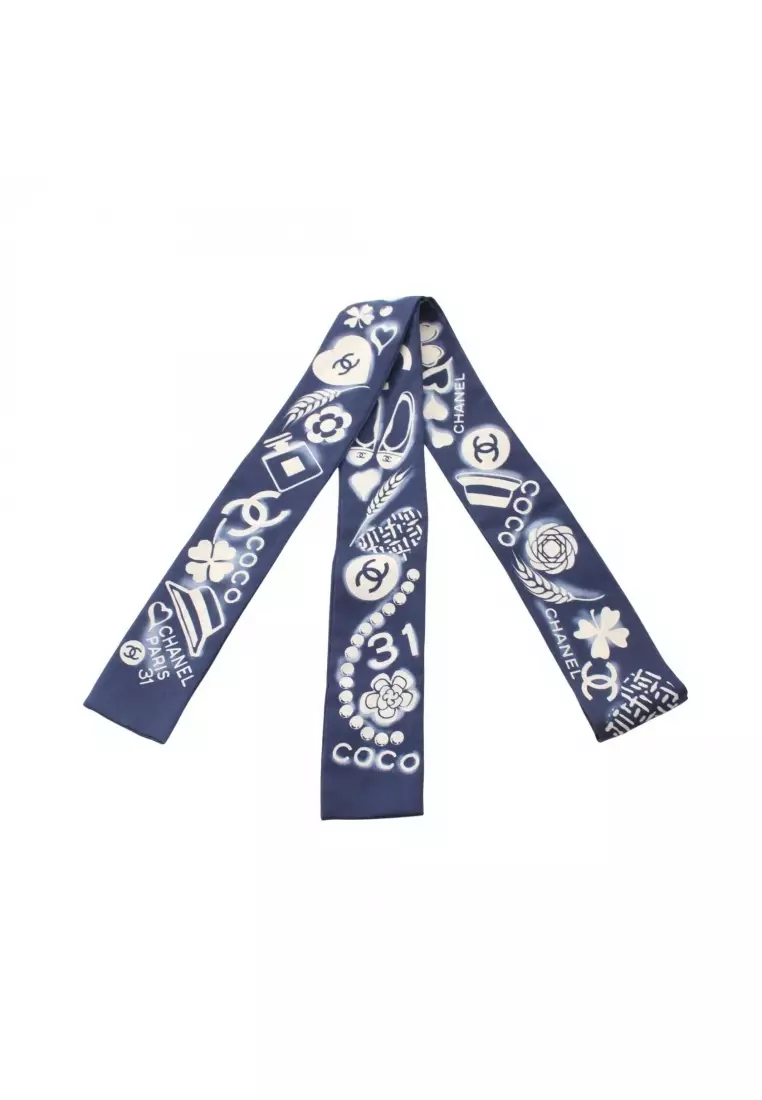 Chanel Pre-Loved Chanel icon ribbon scarf silk Navy off white 2026